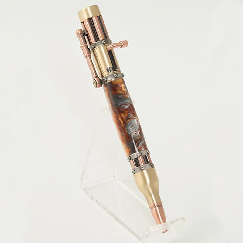 A marble-colored pen with a bullet tip and an intricate mechanism.